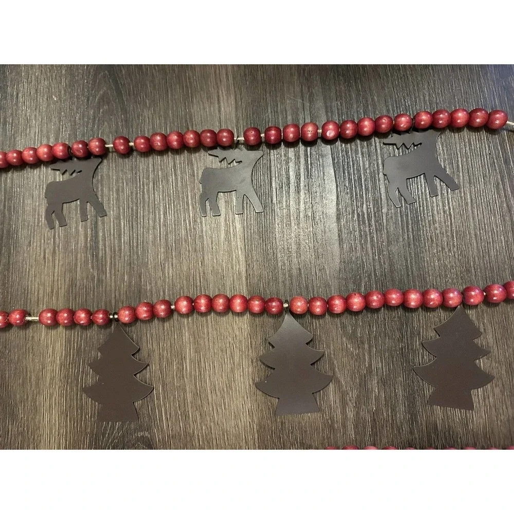 Lot 4 Red Wooden Bead Garland w/ Metal Reindeer Chistmas Trees Log Cabin Country